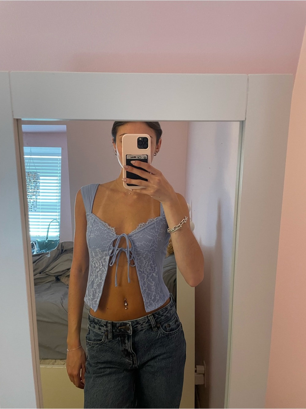Garage Light Blue Lace Tie-Front Camisole